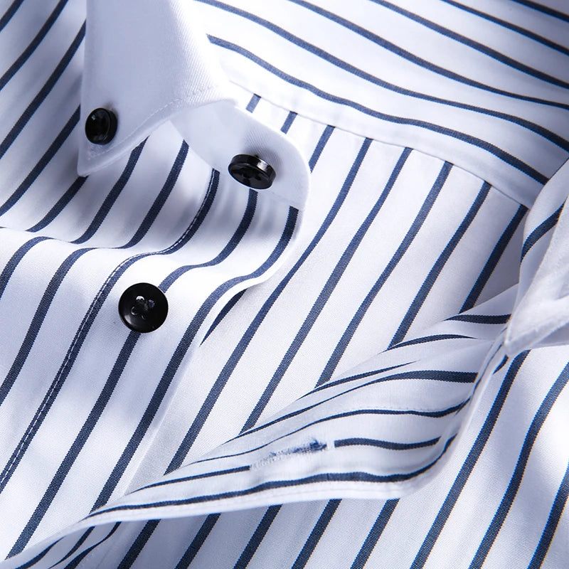 Men's slim fit cotton long sleeve shirt with striped pattern, heterochromatic collar, wrinkle-resistant, high-end light luxury style.