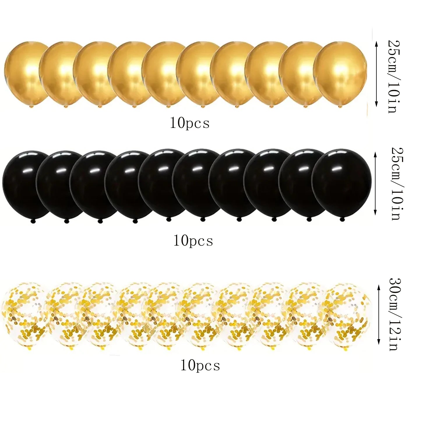 Set of 30 black and gold mixed 12-inch balloons with gold glitter, ideal for birthday, graduation, or New Year's party decorations.