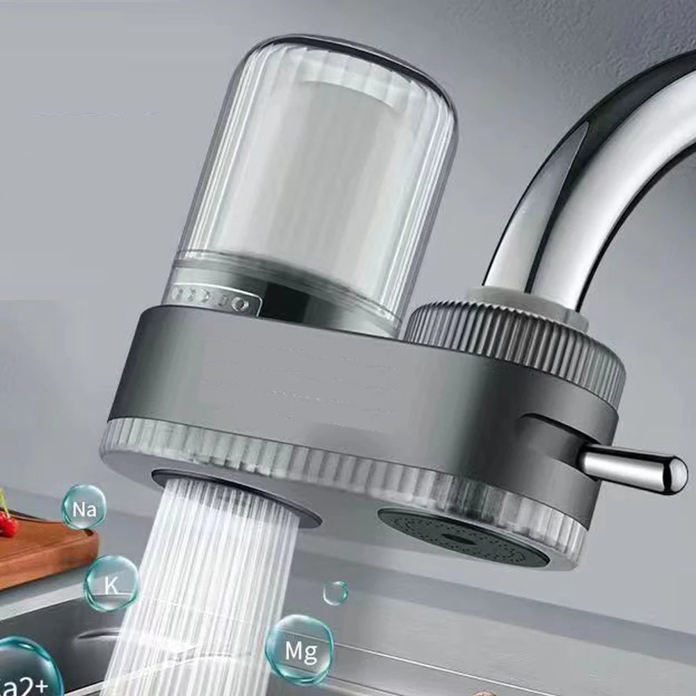 Showlu Faucet Water Purifier with washable physical filter and two filtering elements installed on a kitchen sink faucet.