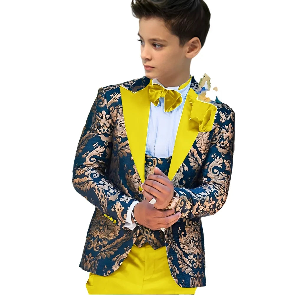 Child floral boy wedding suit by Showlu Fashion, 3-piece tuxedo set with jacket, vest, and pants for ages 2-16.