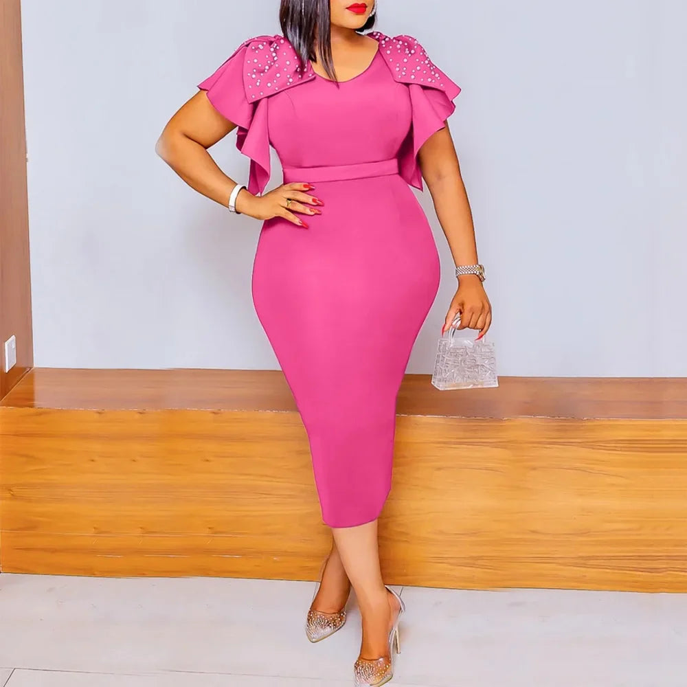 SHOWLU Women's V-Neck Beaded Bodycon Dress with ruffle sleeves and sheath midi length, stylish and fitted for elegant occasions.