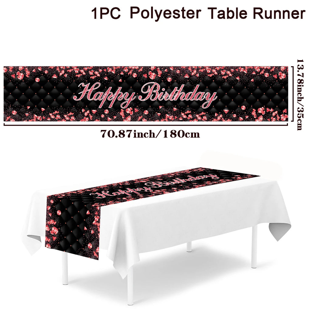 Black gold birthday table runner and tablecloth with anniversary design, ideal for party decorations and home celebrations