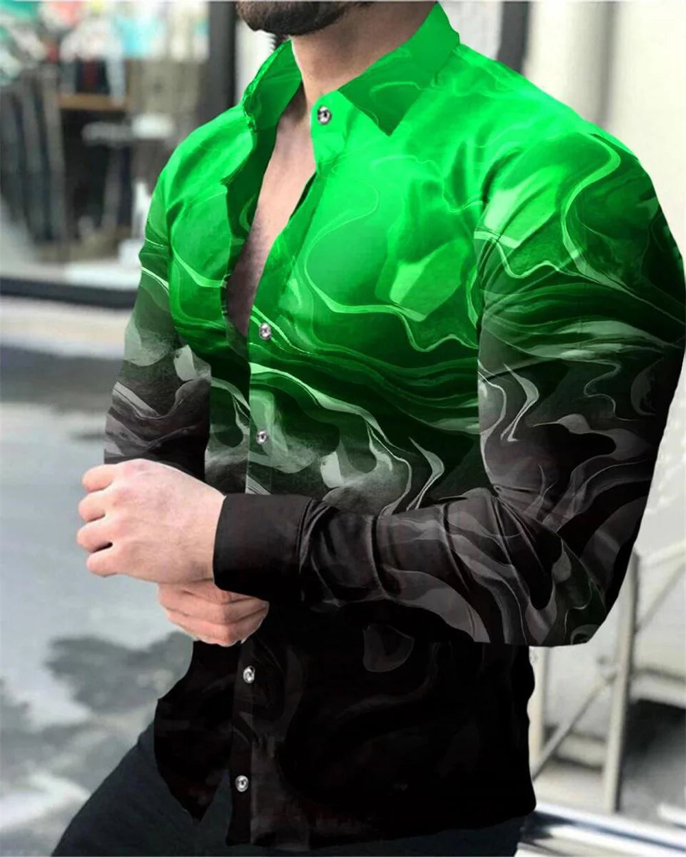 Men's casual long-sleeve button shirt with designer prints, lapel collar, high-quality fashion top for spring 2023