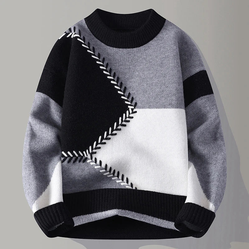 Men's knitted O-neck pullover sweater featuring patchwork design, loose fit, warm casual style, by Showlu Fashion Store.