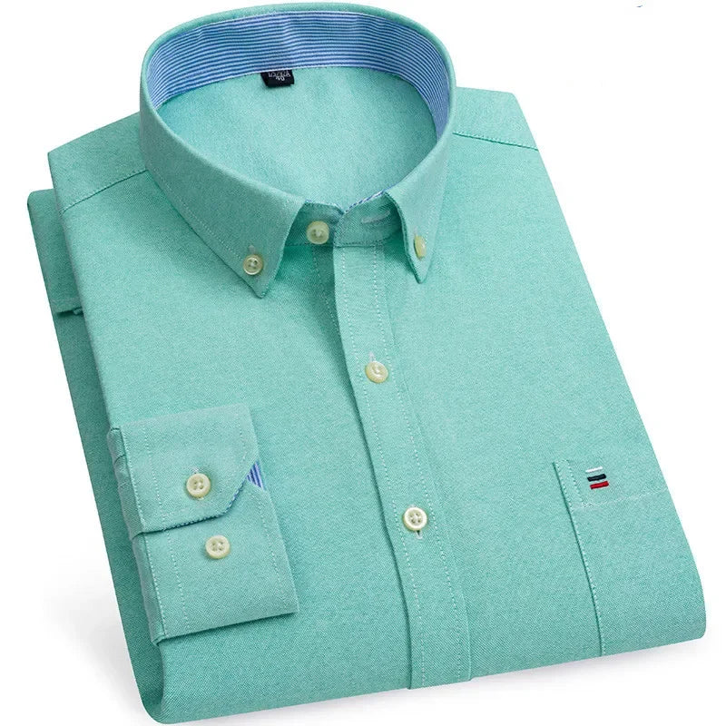 Men's long sleeve plaid cotton dress shirt in solid color, regular fit, oversized style, from Showlu Fashion Store.