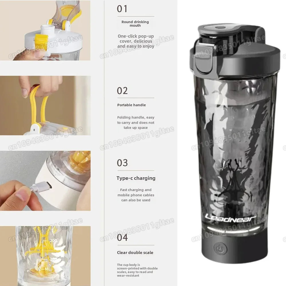 Portable Showlu Smart General USB electric protein shake blender cup with blending blade and lid, ideal for smoothies on the go.