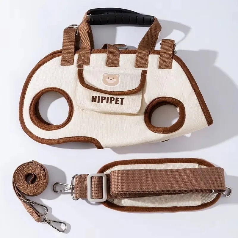 Small dog lift harness backpack with handle, sling carrier for cats and pets, outdoor walking, pet carrying supplies.