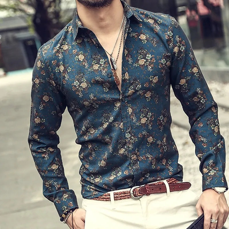 3D printed men's long sleeve Hawaiian shirt with colorful floral design, featuring flap top details, by Showlu Fashion Store