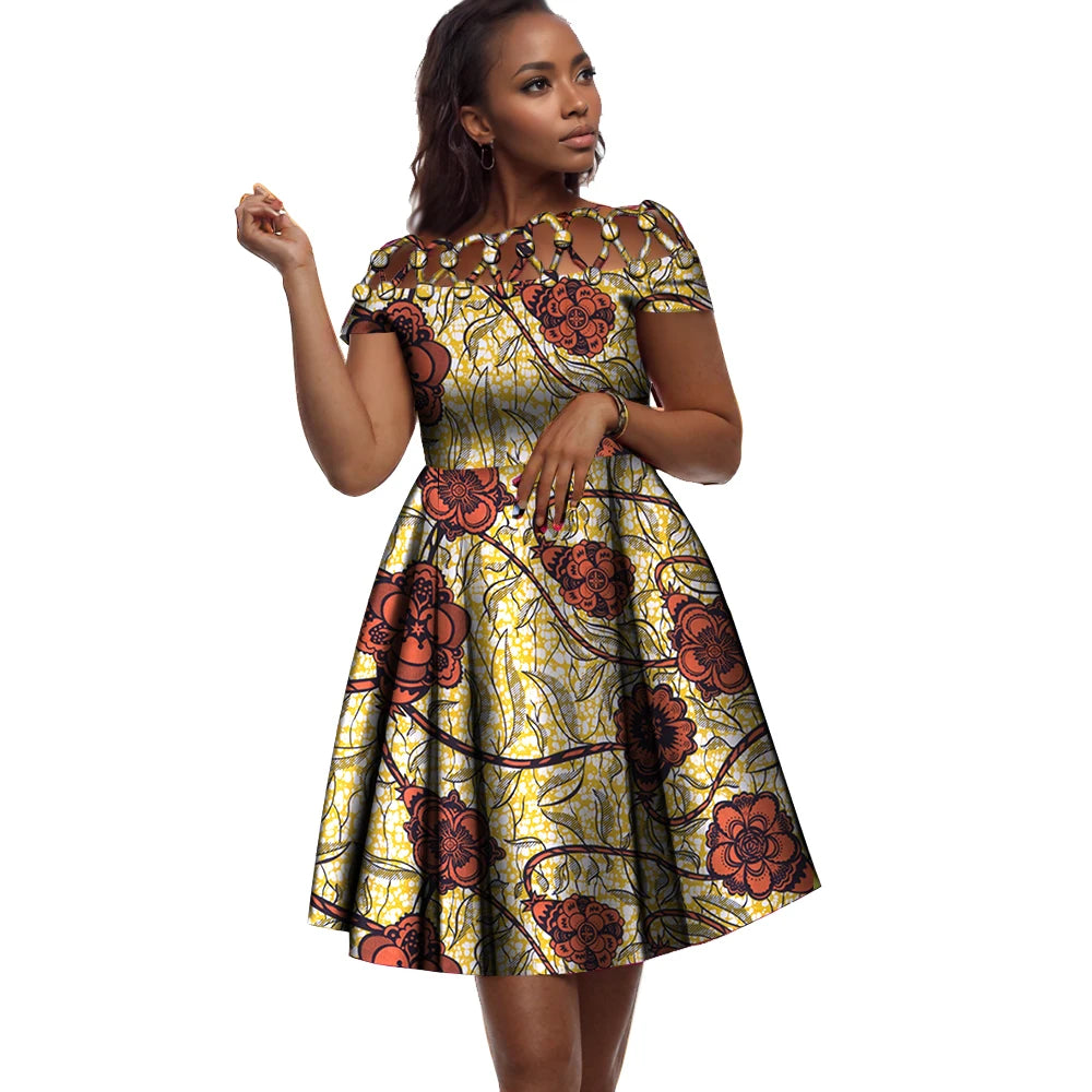 BintaRealWax African Dresses for Women Cotton Rope Weaving Collar African Print Wax Clothing Knee-Length Lady Dress WY335