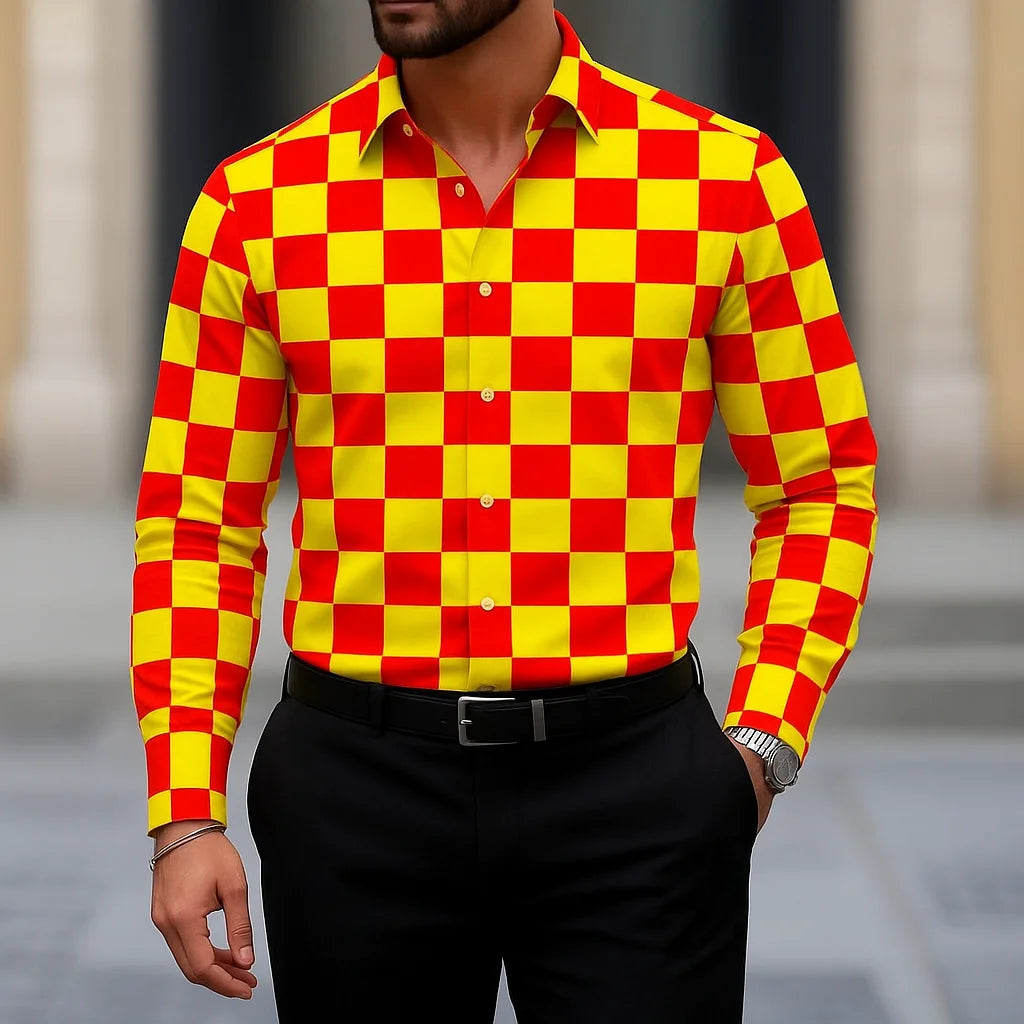 Bright yellow men's long sleeve slim fit button-down shirt with striped pattern, casual fashion top by Showlu Fashion.
