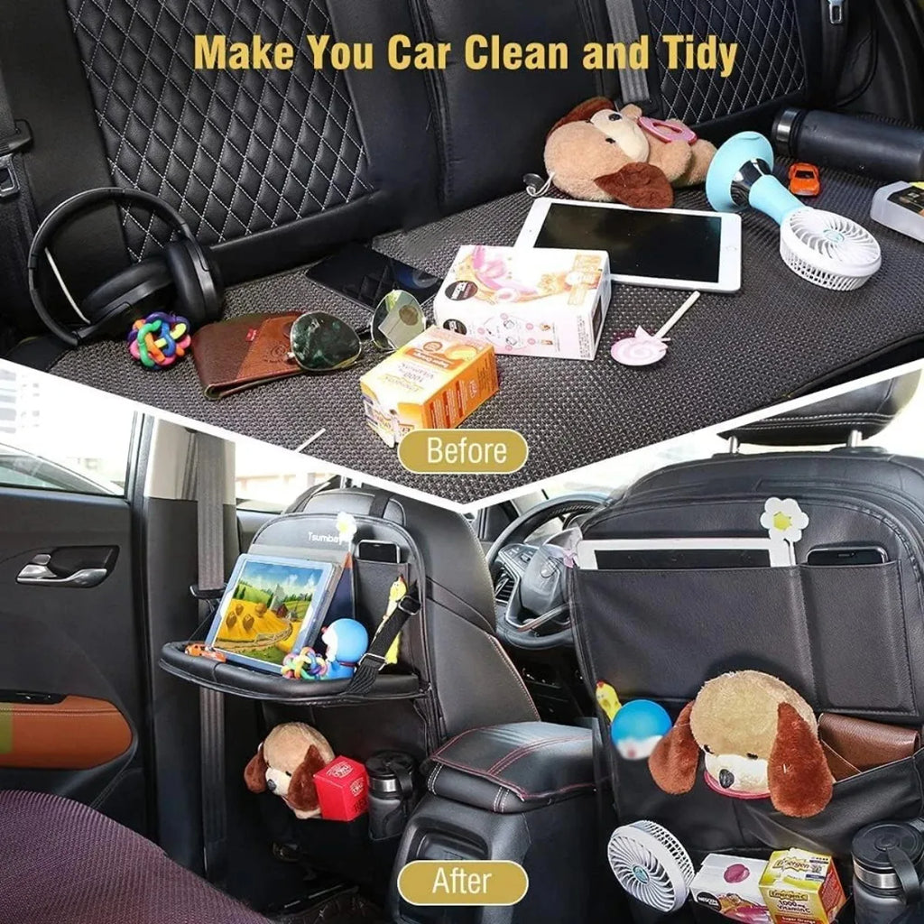 Showlu Smart General car seat organizer with tray, featuring multiple storage pockets and a built-in tray for convenient vehicle organization.