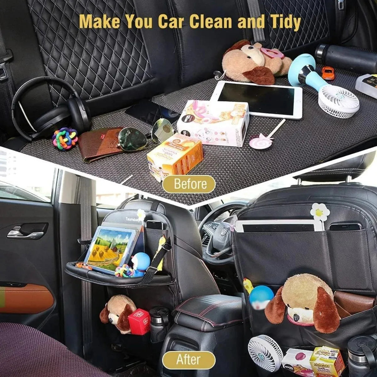 Showlu Smart General car seat organizer with tray, featuring multiple storage pockets and a built-in tray for convenient vehicle organization.