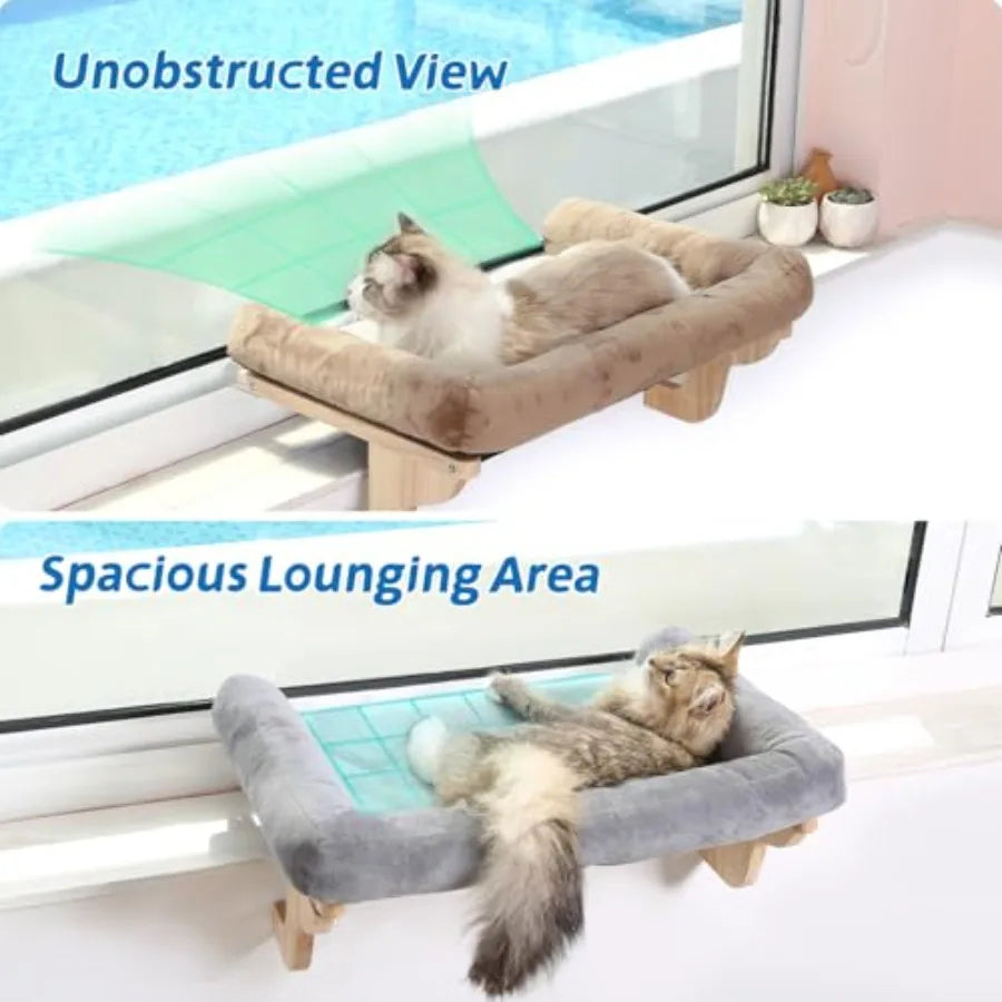 Showlu Cat Window Perch with orthopedic hardwood hammock and bolster for comfortable lounging and secure outdoor viewing.