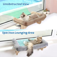 A cat window perch with a cushioned bolster, hardwood base, and metal frame.