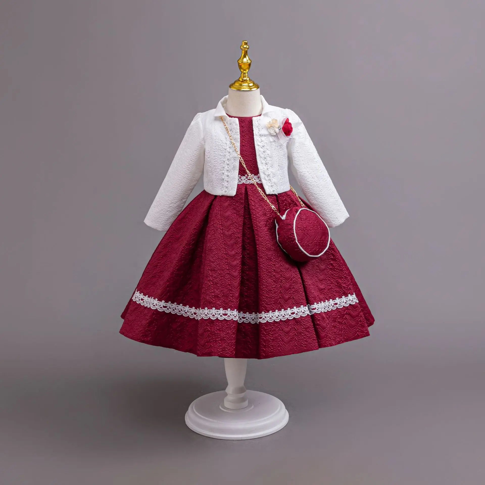 Showlu Fashion Girls lace long sleeve party dress with Christmas style, formal gown and matching bag, perfect for special occasions.