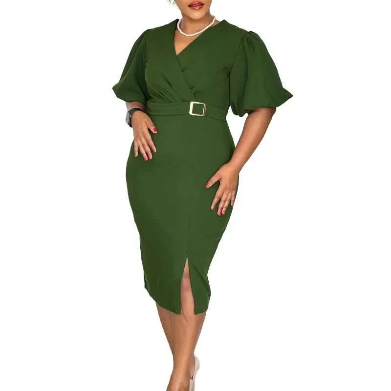 Elegant African dashiki dress for women featuring short sleeves, V-neck, and bodycon fit in vibrant polyester fabric.