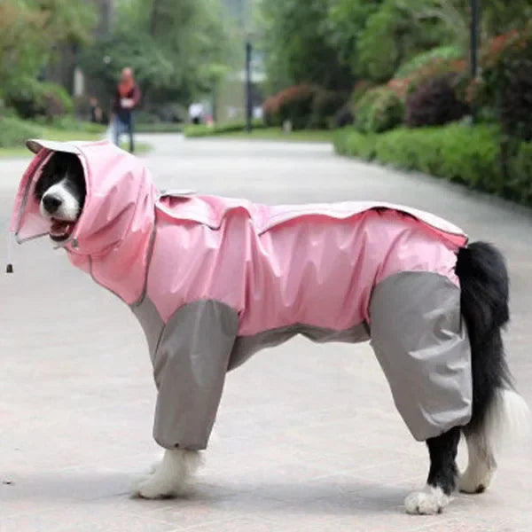Showlu waterproof dog raincoat hoodie with PU leather poncho for large dogs, featuring a stylish rain-resistant design and hood.