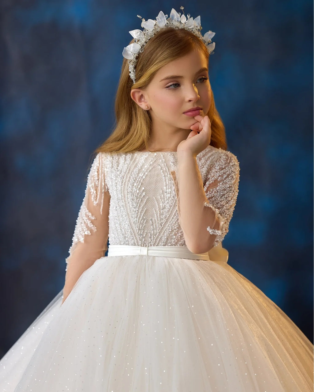 Ivory flower girl dress by Showlu Fashion Store with beaded bow, long sleeves, perfect for wedding and first communion celebrations.