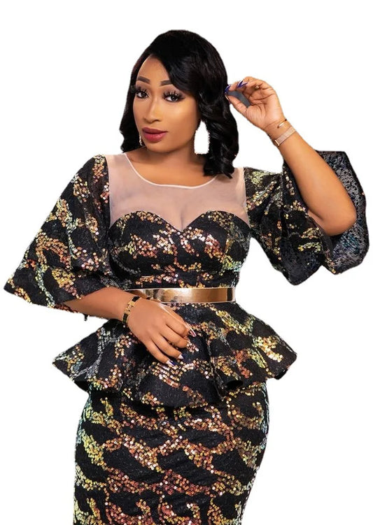 Sequined Black African Dresses for Women Summer African Women O-neck Short Sleeve Knee-length Dress African Clothes Without Belt