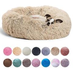A fluffy, round beige pet bed with a small dog resting inside, shown with various color swatches.