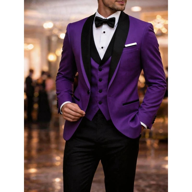 Men's black tuxedo suit set with shawl lapel dinner jacket, white dress shirt, and matching trousers for formal events.