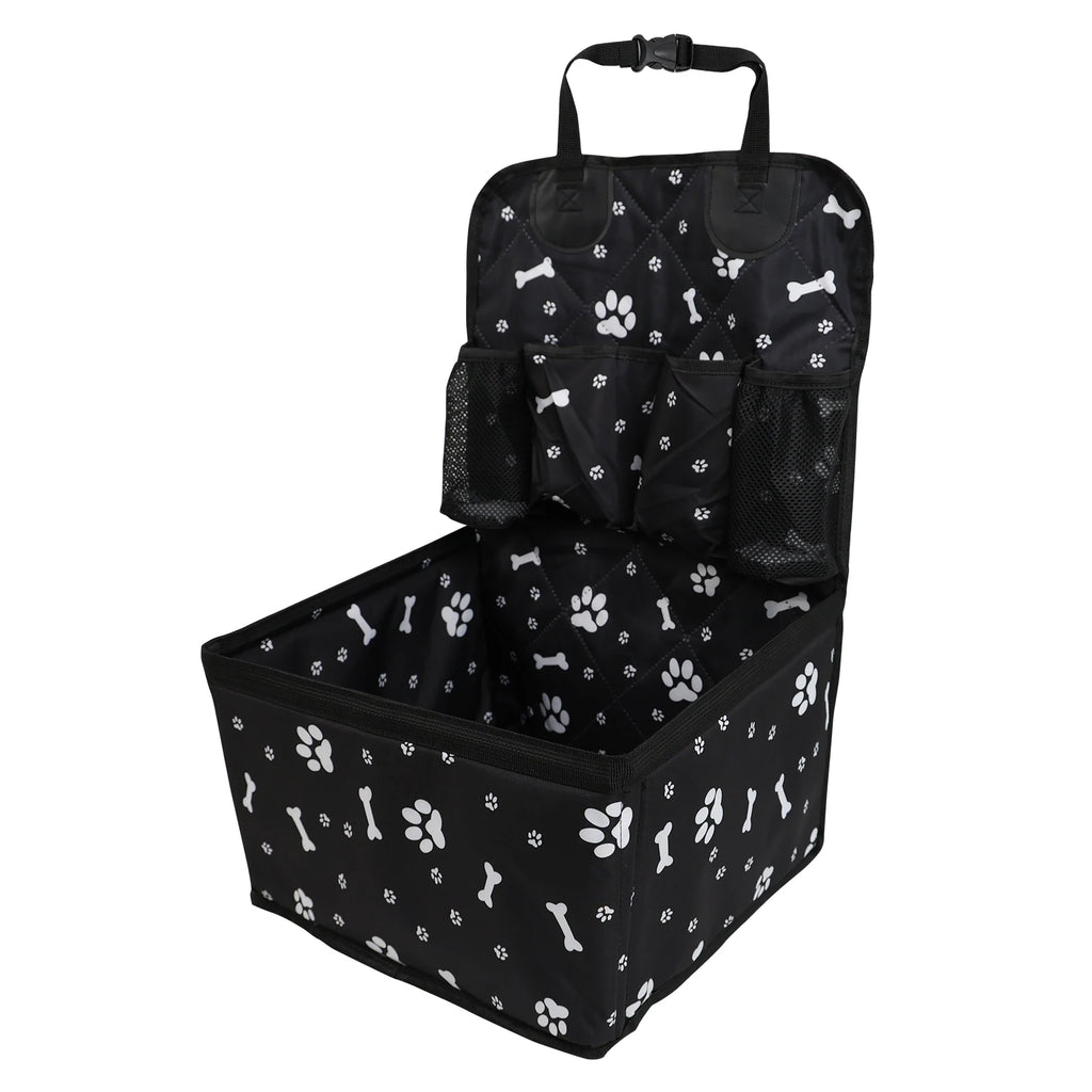 Showlu Portable Dog Car Booster Seat made of nylon with safety harness and storage pocket, designed for secure pet travel.