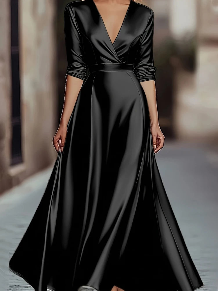 Elegant Showlu V-neck long-sleeved evening gown featuring a French A-line floor-length design, displayed on a model.