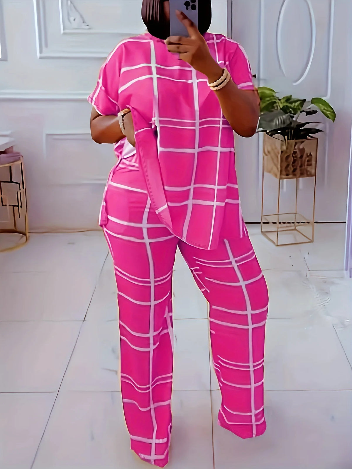 Spring Autumn New Women's Fashion Elements Striped Grid Printed Casual Round Neck Large Comfortable Two Piece Set