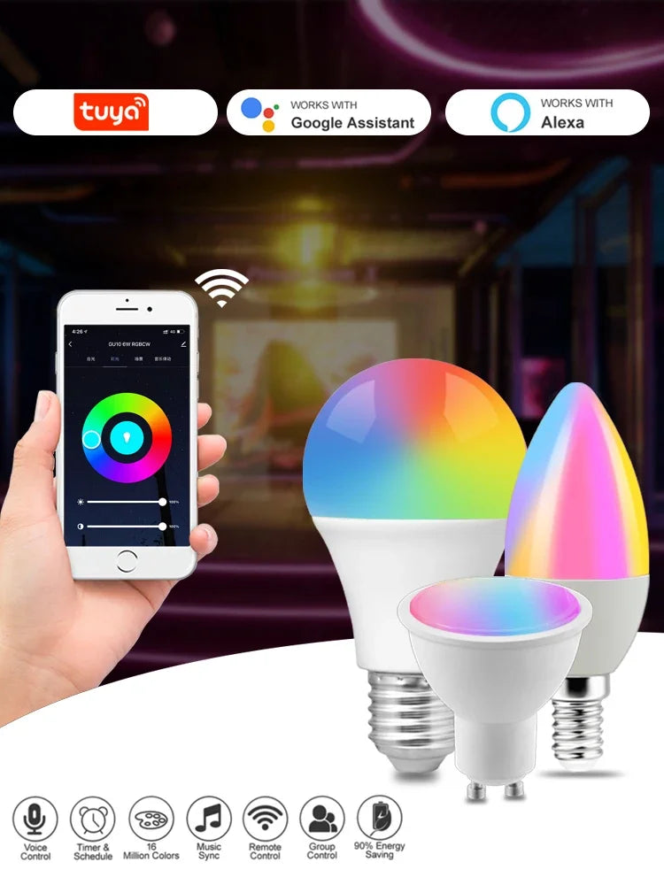 Smart WiFi adjustable color LED spotlight bulb by Showlu Smart General, showing the bulb with changing vibrant colors and adjustable brightness.