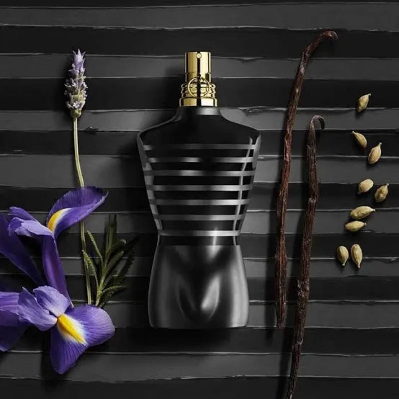 Oriental men's cologne bottle of Jean Paul Gaultier Le Male Le Parfum 125ml, displayed in a sleek design with a blue and gold cap.