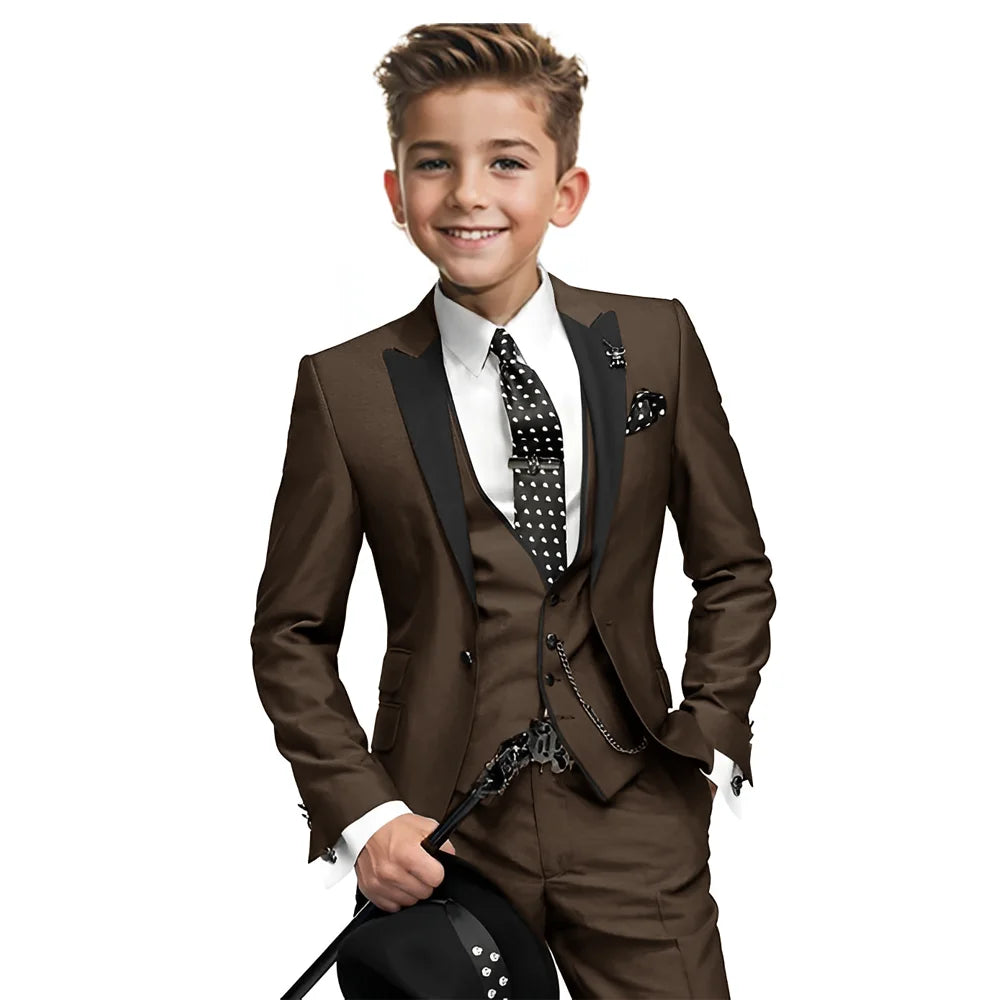 Navy blue boys tuxedo 3-piece suit with blazer, pants, and vest, suitable for wedding or formal occasions, for ages 2-16.