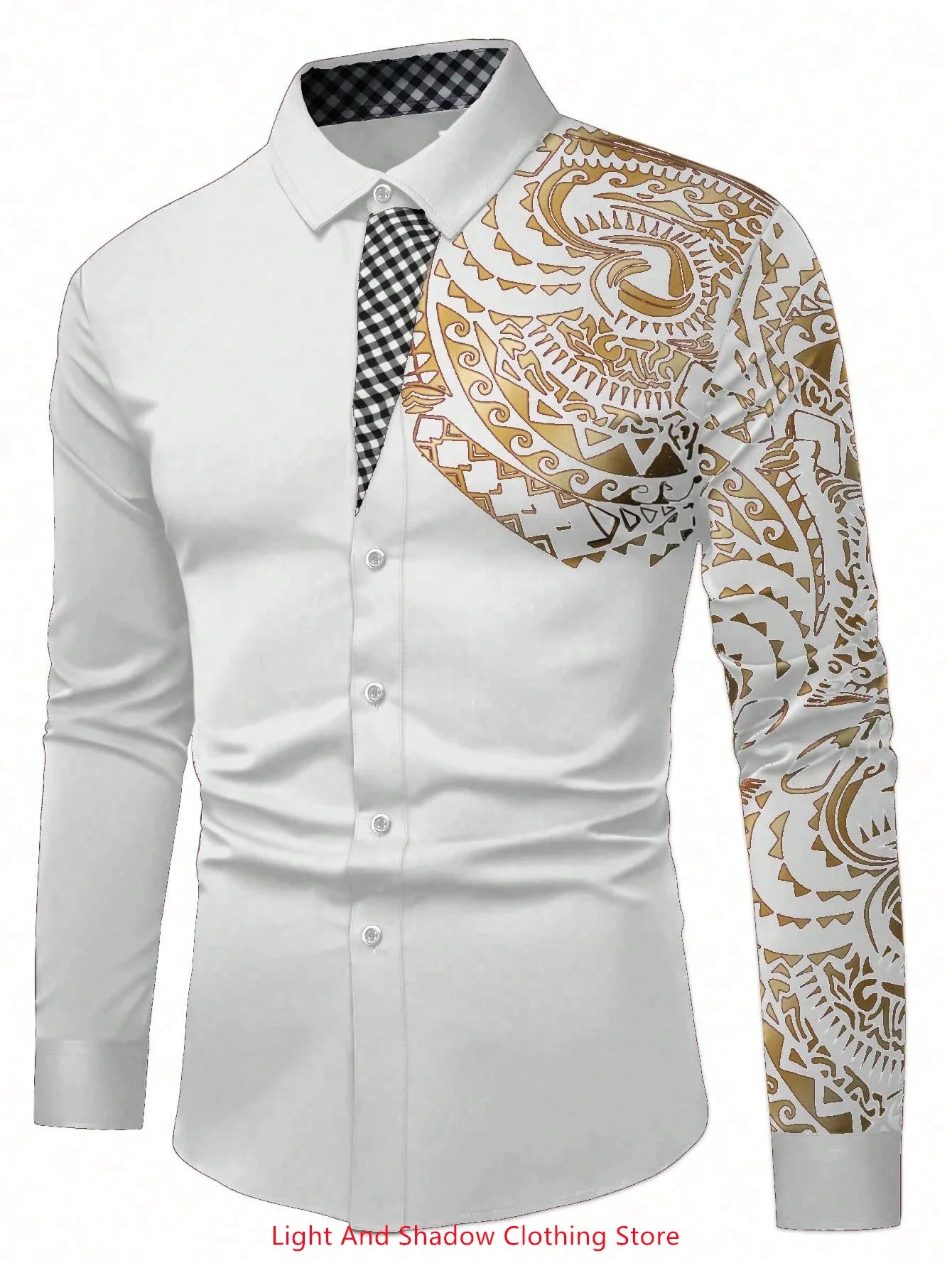 Men's stylish business casual long sleeve shirt with printed collar, comfortable fit, ideal for social and party occasions.