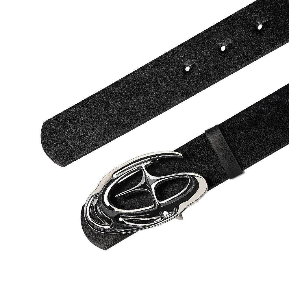 Stylish geometric alloy buckle punk belt for men and women, neutral waist design, trendy fashion accessory with needle buckle detail.