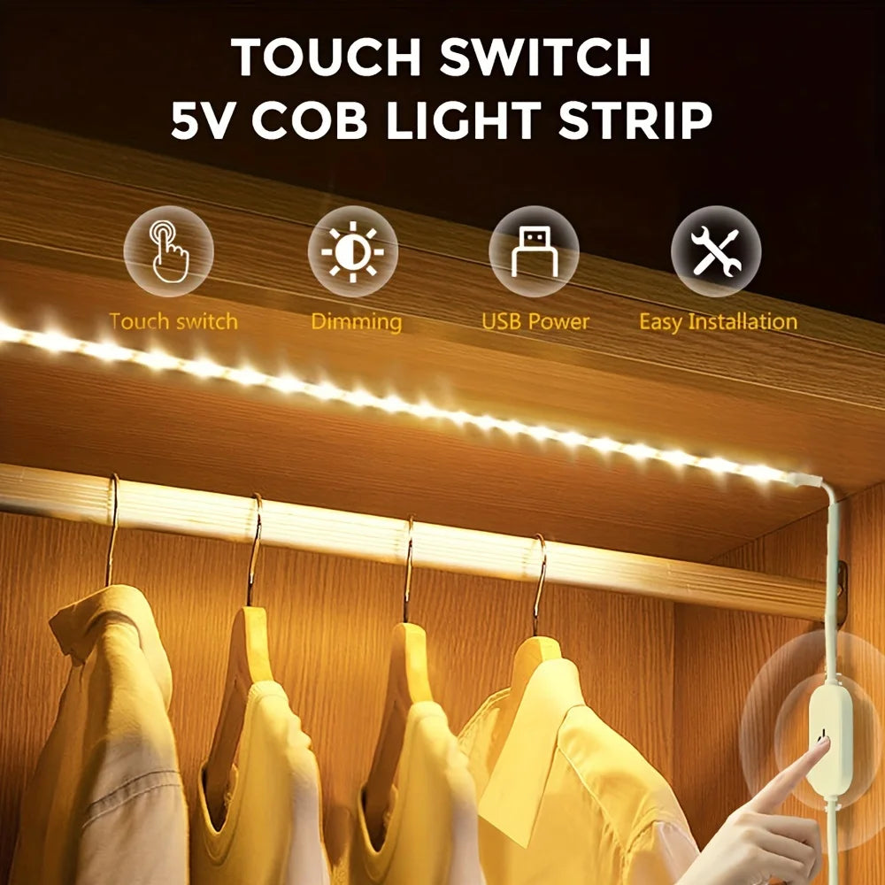 Flexible USB LED strip light in warm white from Showlu Smart General, showing the slim, tape-like design illuminated in a close-up view.