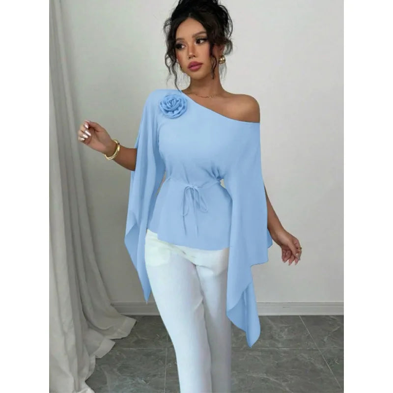 Showlu women's autumn long sleeve shirt with slit, slash neck, and elegant waist design, perfect for stylish fall outfits.