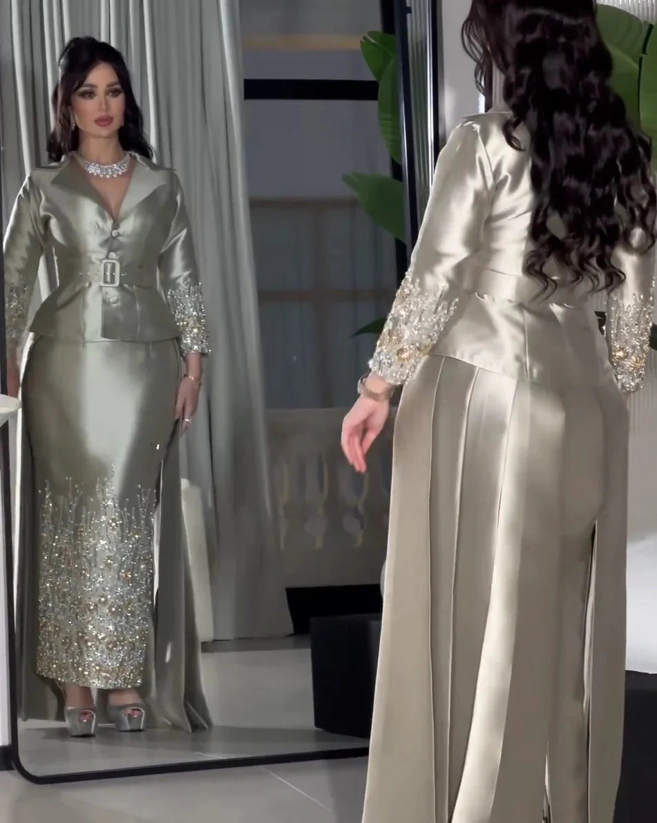 Silver grey sheath prom dress by SHOWLU FASHION STORE featuring beaded V-neck evening gown with elegant design
