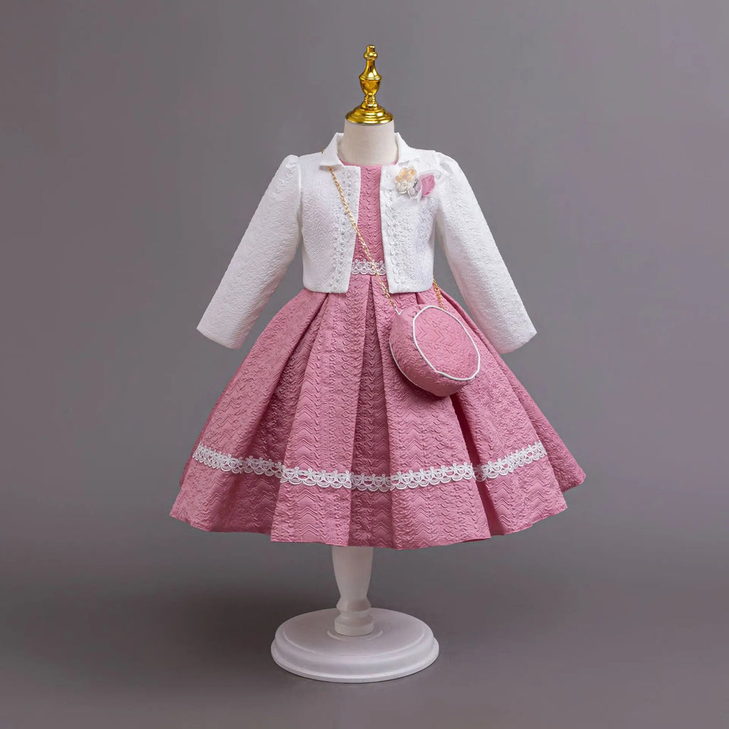 Girls lace party dress by Showlu Fashion Store featuring long sleeves and a formal Christmas gown with matching bag.