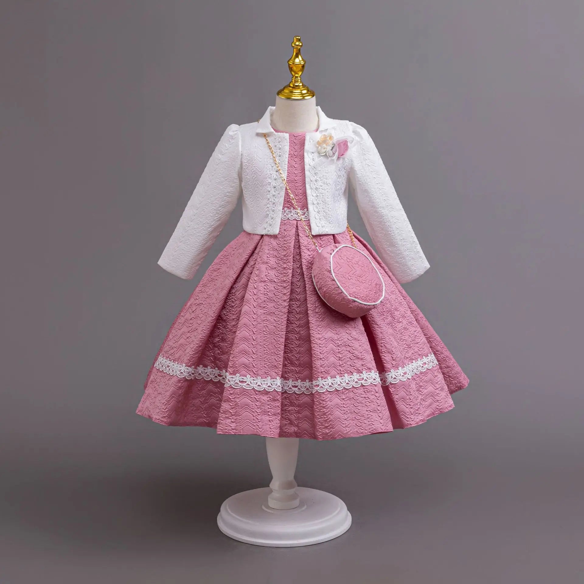 Girls lace party dress by Showlu Fashion Store featuring long sleeves and a formal Christmas gown with matching bag.