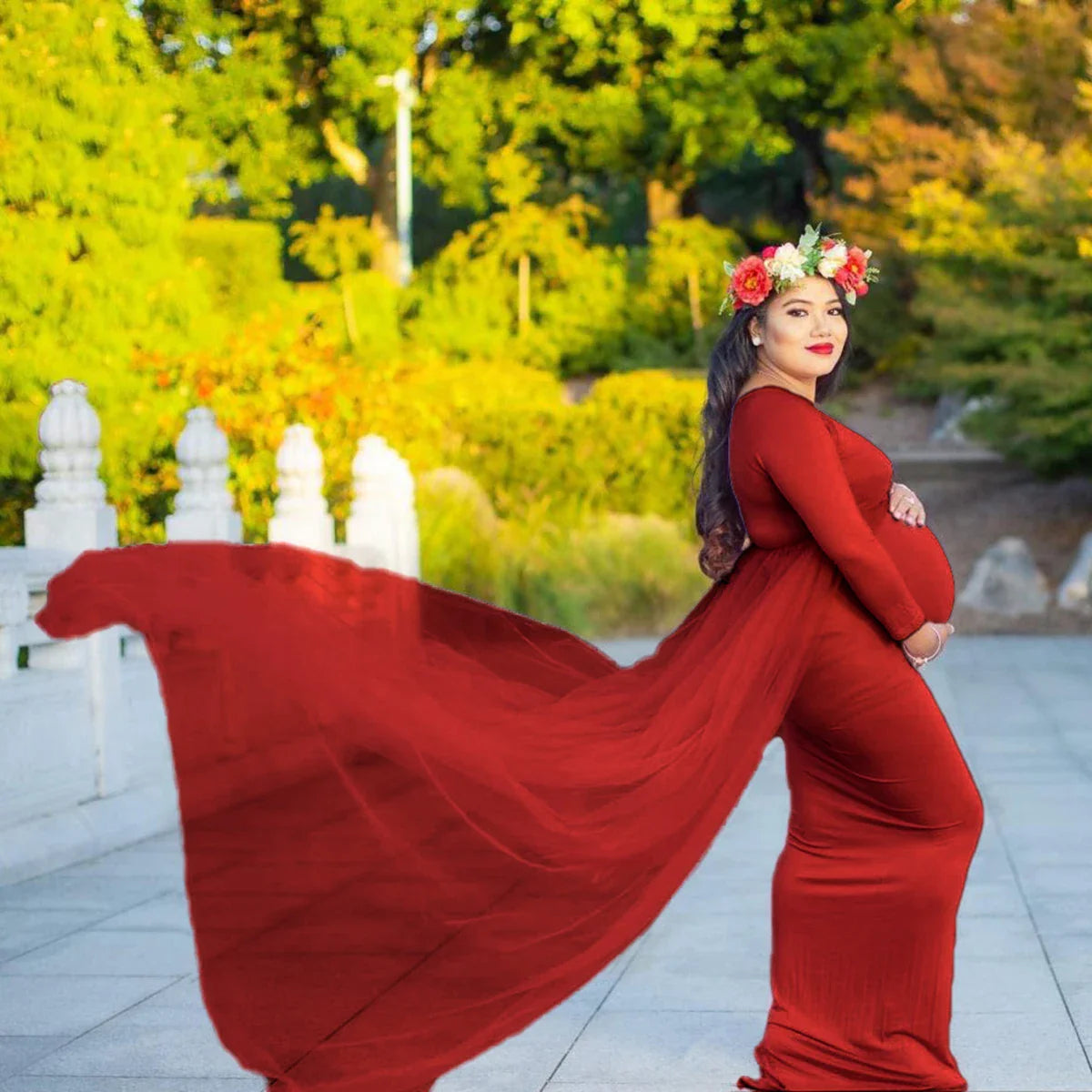 SHOWLU FASHION STORE long sleeve mesh maternity dress with train, ideal for photoshoots, featuring elegant sheer fabric and flowing design.