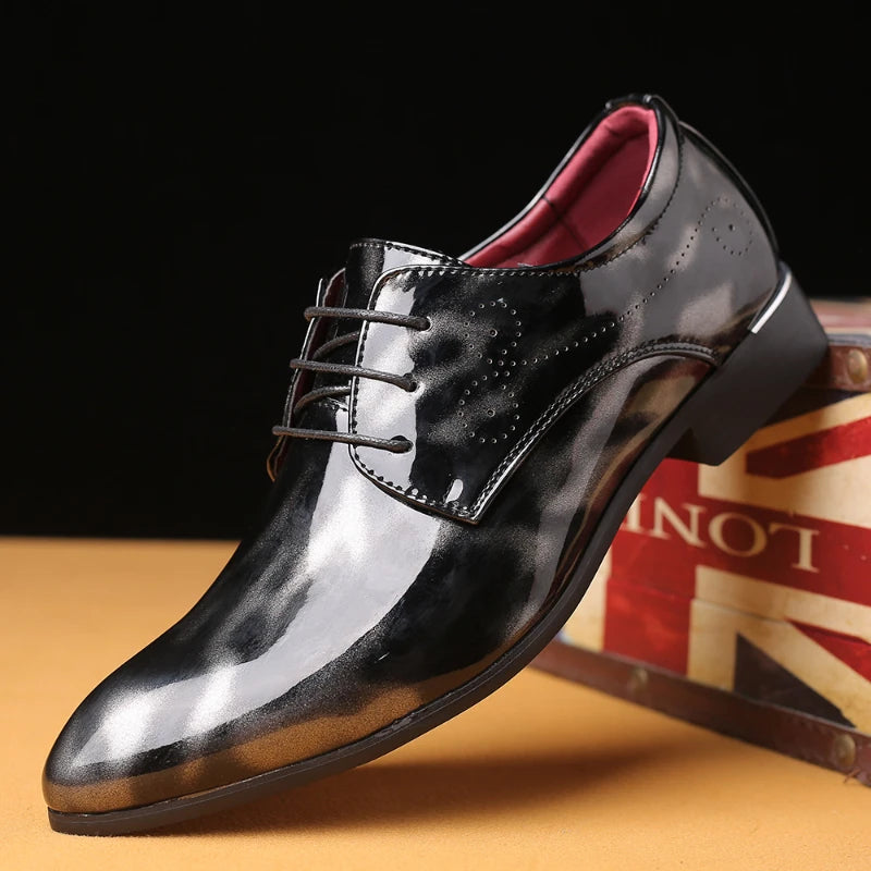 Wine red patent leather formal dress shoes by Showlu Fashion Store, featuring pointed toe, lace-up design, perfect for weddings and business.