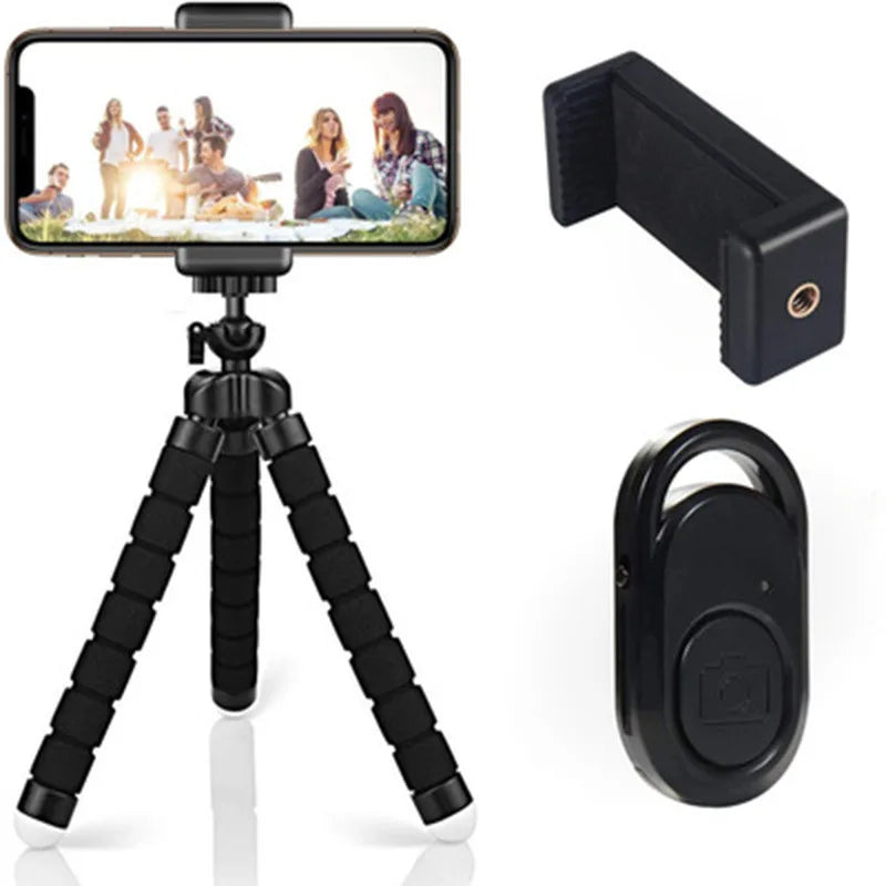 Showlu Smart General phone tripod stand holding a smartphone, adjustable legs for stable support, ideal for photos and videos.