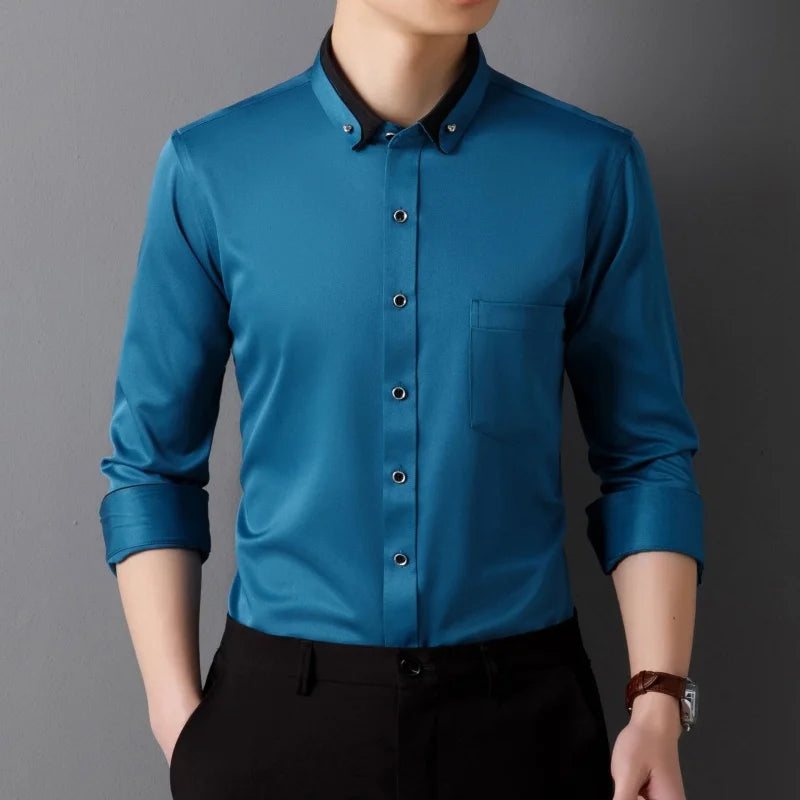 Men's Shirt Long Sleeve Elastic Wrinkle Proof Business Office Spring and Autumn Top Classic Solid royal blue -Black -White-green