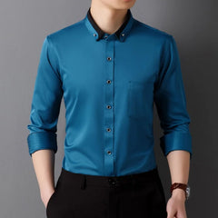 Men's Shirt Long Sleeve Elastic Wrinkle Proof Business Office Spring and Autumn Top Classic Solid royal blue -Black -White-green
