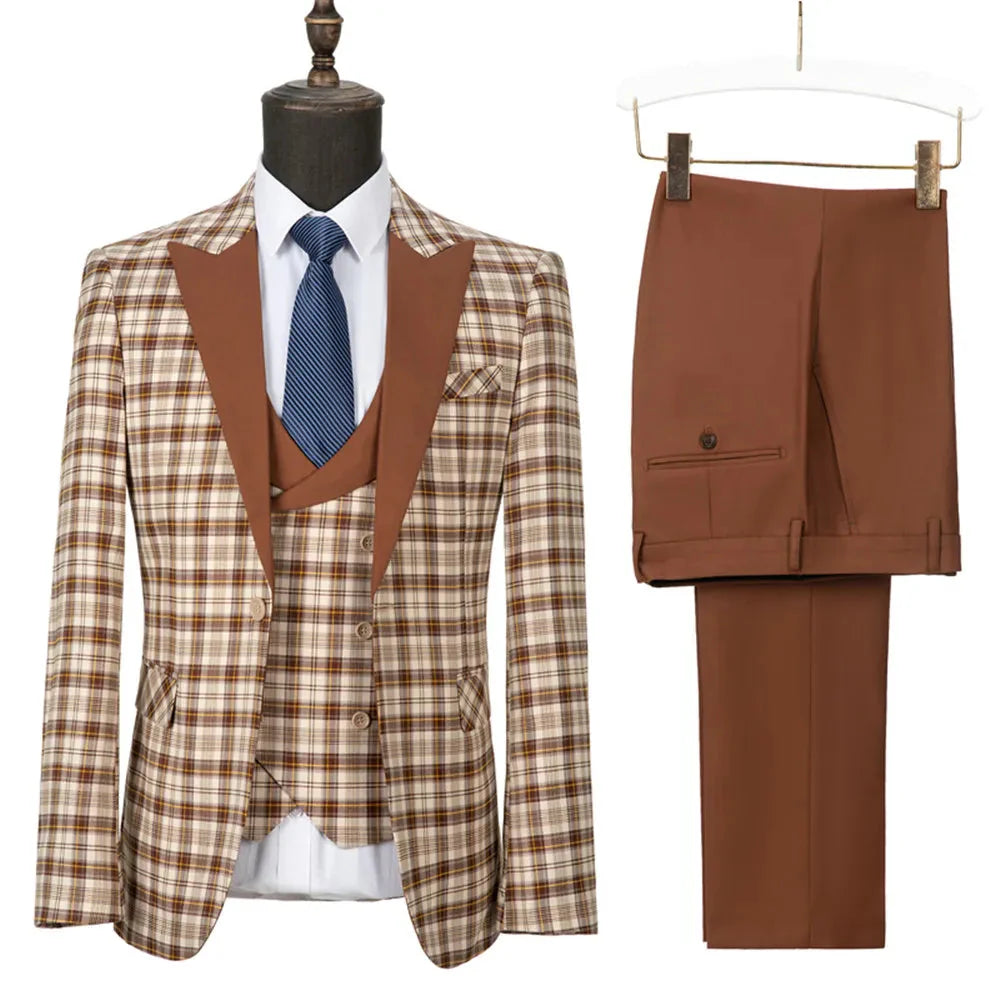 Showlu Fashion men's 3-piece checkered slim fit wedding suit with blazer, vest, and pants, displayed on a hanger.