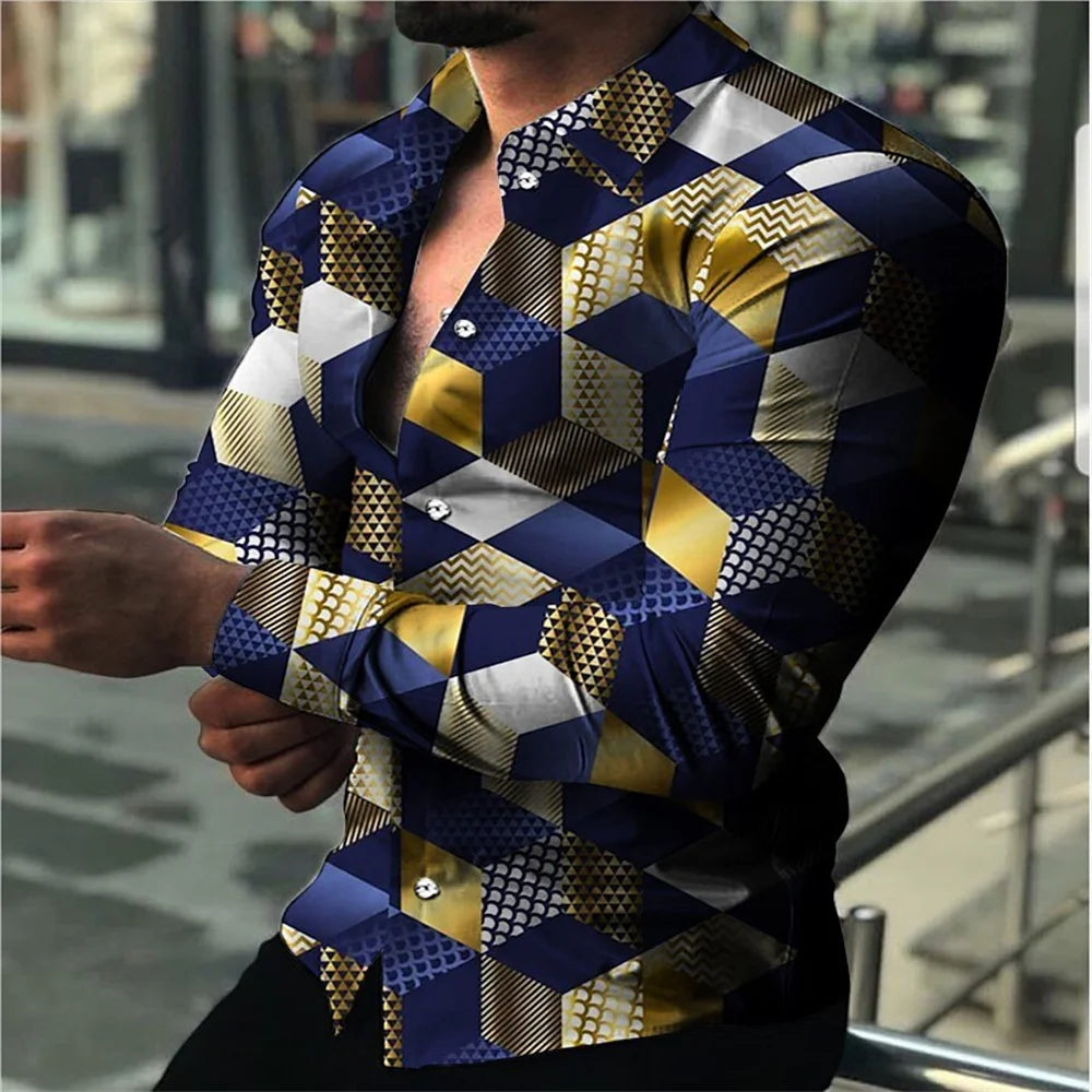 Men's long sleeve slim fit shirt with geometric graffiti pattern, trendy streetwear style, oversized fit in size S-5XL