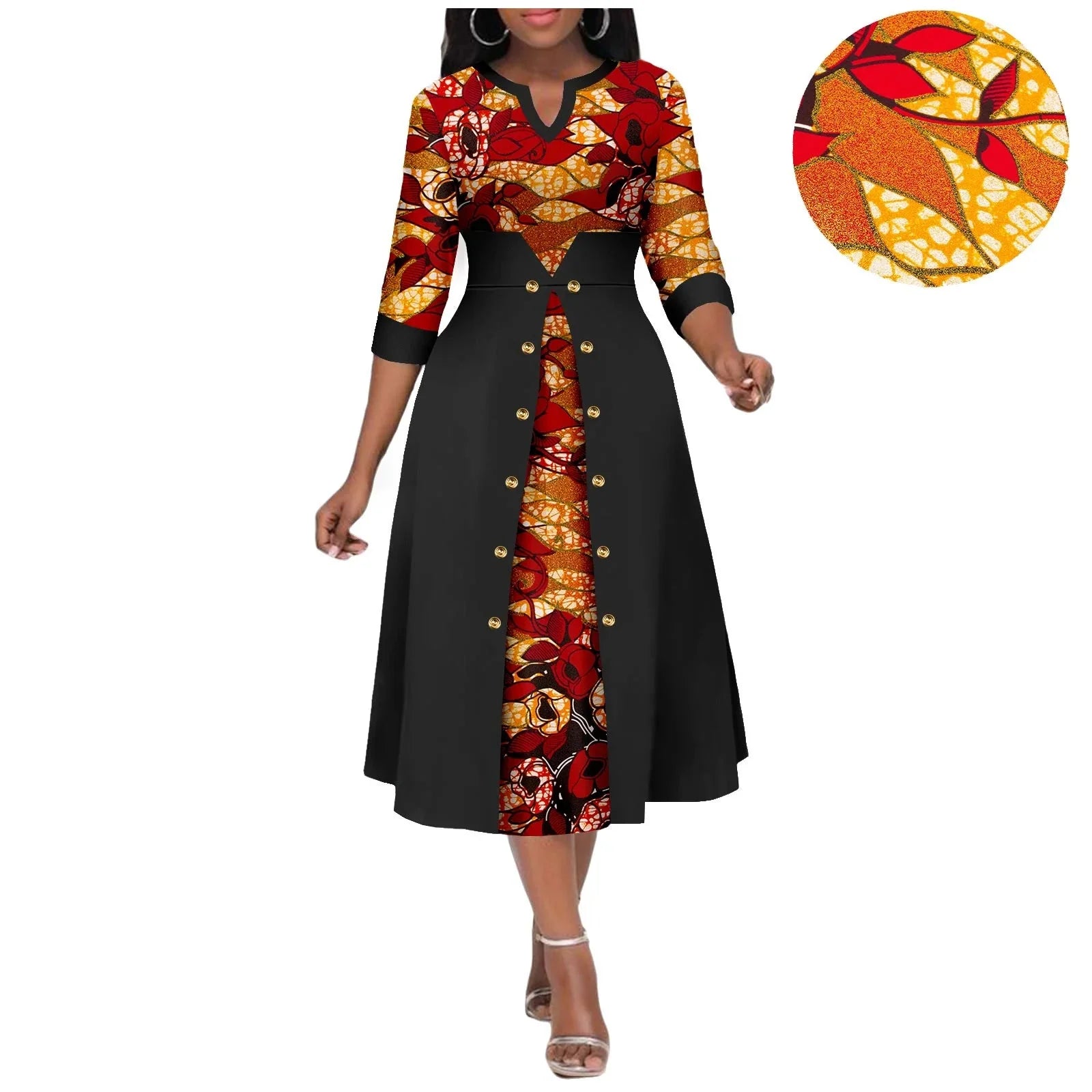 African print women's Ankara V-neck dress by SHOWLU FASHION STORE featuring a cotton A-line midi skirt with vibrant patterns.