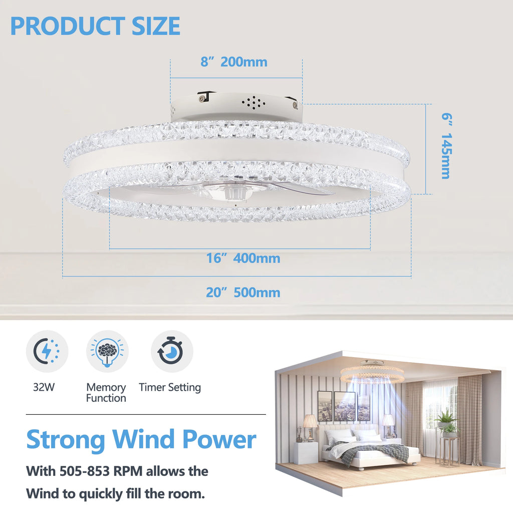Showlu Fashion FAISHILAN 20-inch LED ceiling fan with light, modern flush mount design in white, ideal for contemporary rooms.