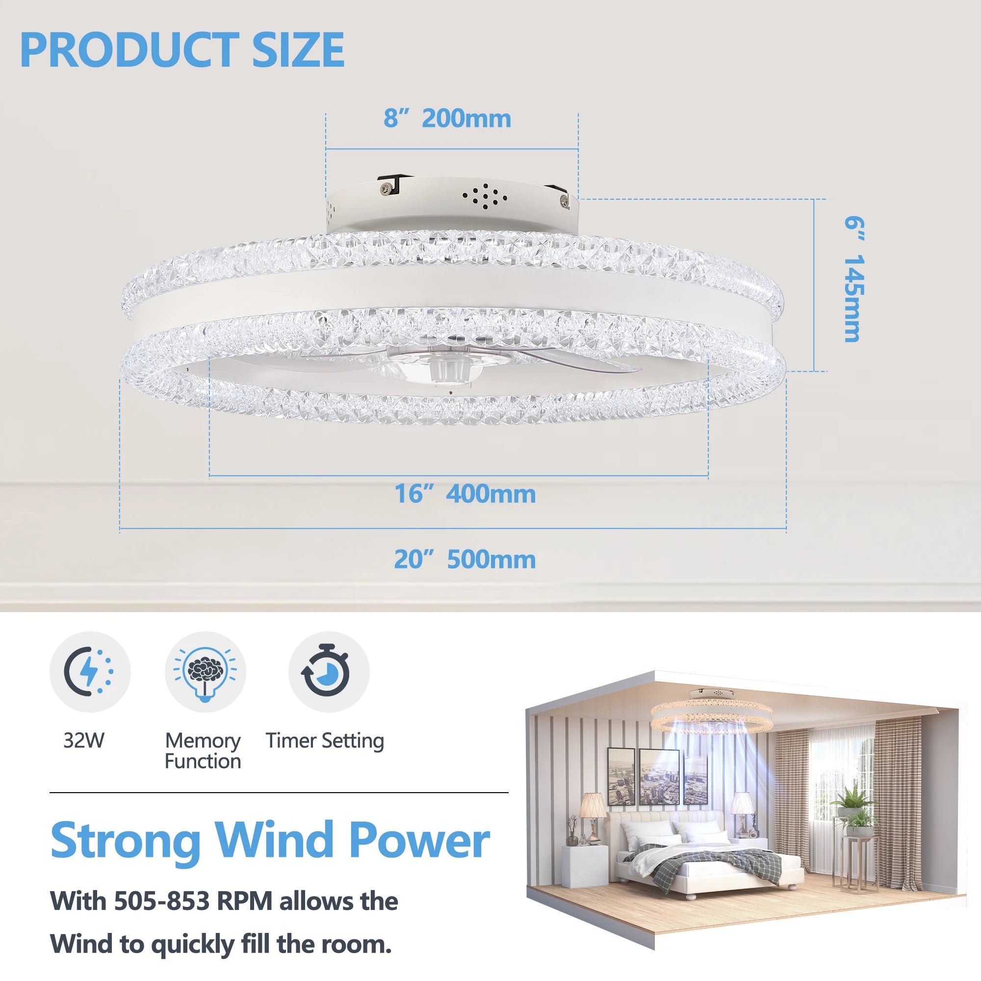 Showlu Fashion FAISHILAN 20-inch LED ceiling fan with light, modern flush mount design in white, ideal for contemporary rooms.