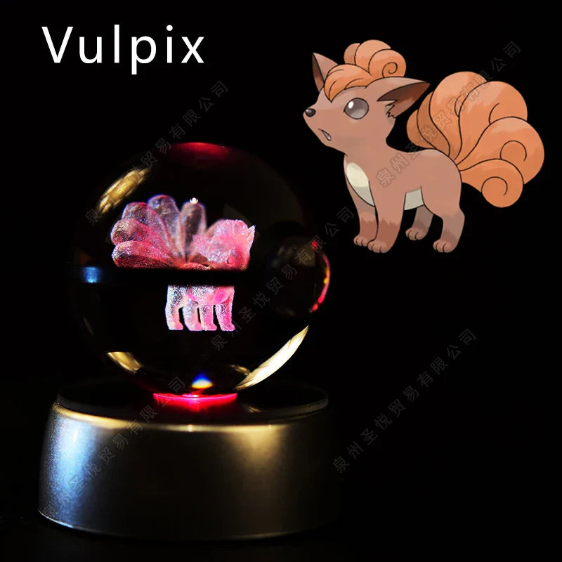 Miniso Pokémon 3D Crystal Ball Night Light LED glass Pokeball lamp illuminating with vibrant colors and detailed Pokémon design.