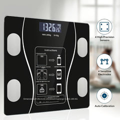 A black digital body scale with a backlit LED display and four metallic sensor pads.